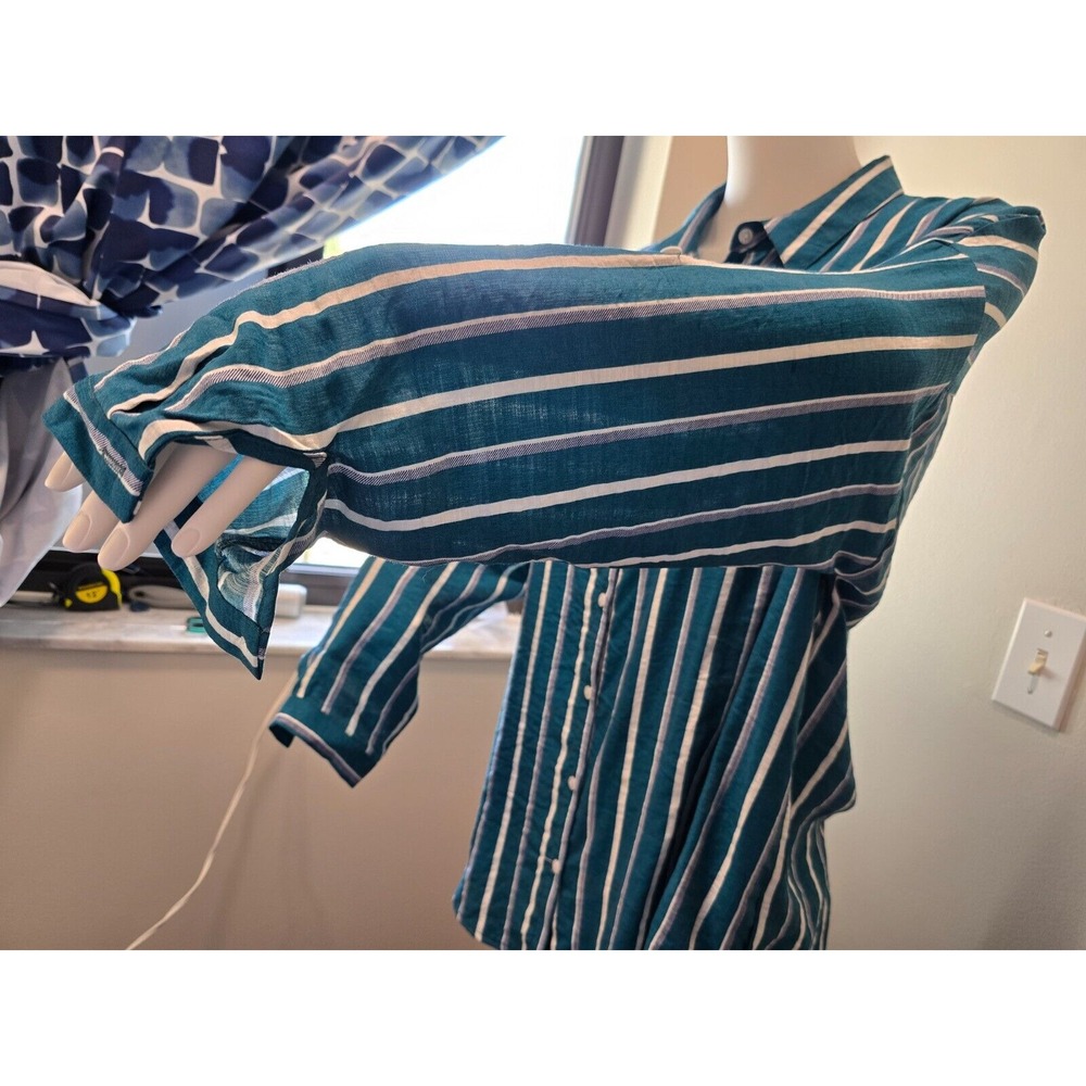 Eden‎ & Olivia Top Women's Turquoise White Stripped Button Down Roll Tab Sleeve - Picture 2 of 14